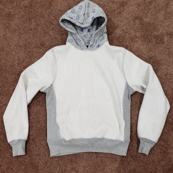 Champion Reverse Weave Mens Medium M Hoodie Sweatshirt Gray Grey Logo All Over - Picture 11 of 12